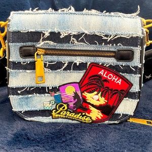 Marc Jacobs denim crossbody w/ embellishments & removable starry guitar strap